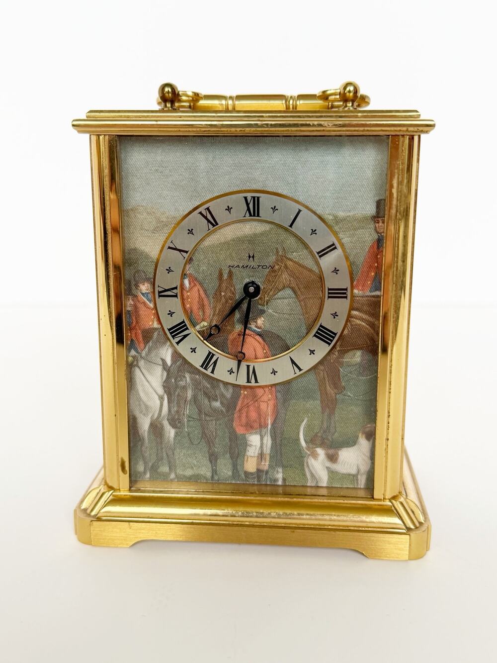 Vintage Hamilton Electronic Gold Brass Miniature Shelf Mantel Fox Hunt Clock